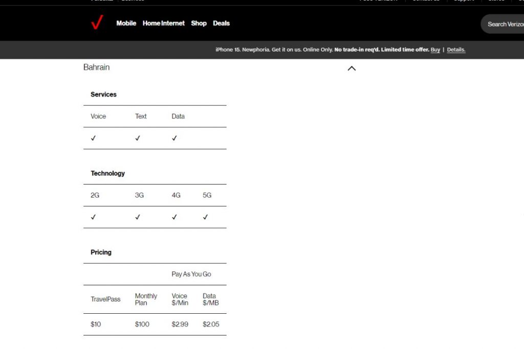 Verizon roaming charges checker in Bahrain